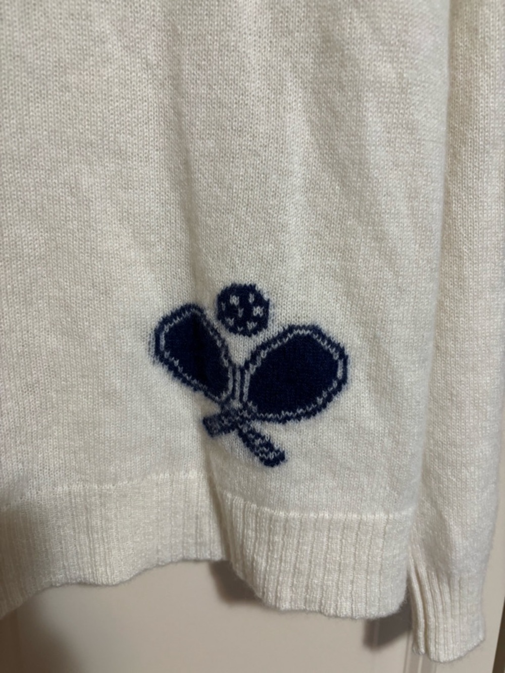 Pickleball cashmere Crewneck Sweater in White with Navy & green Stripes - Picture 7 of 7
